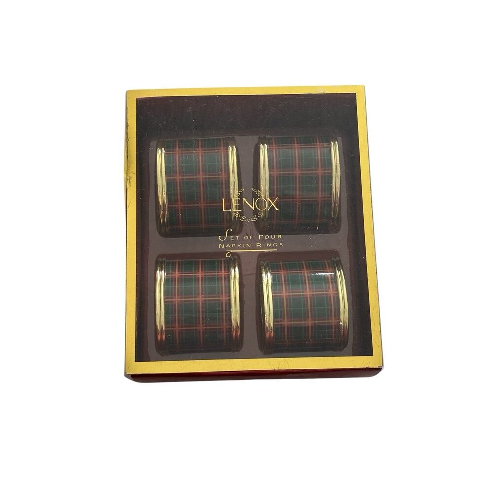 LENOX Set 4 Holiday Nouveau CHRISTMAS Design NAPKIN RINGS Plaid Gold Green NEW